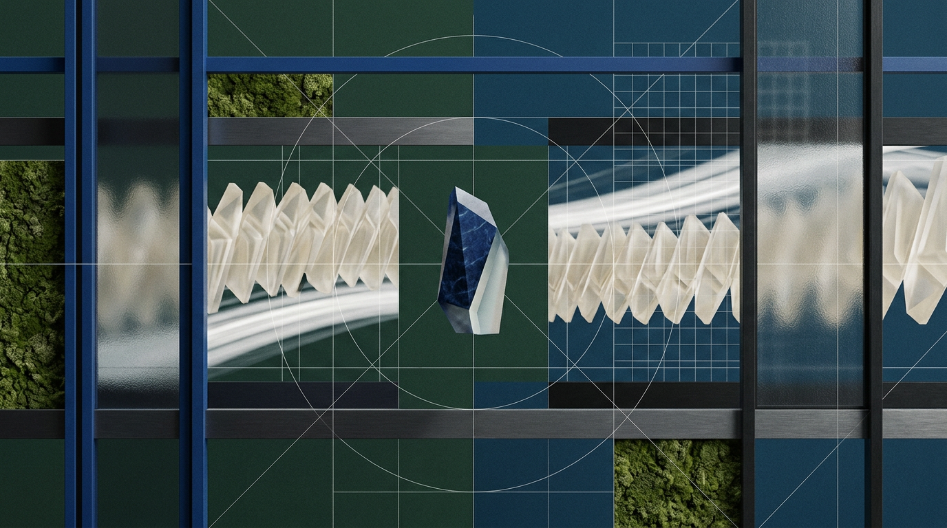 Abstract framework organizing repeated forms around one distinctive central shape.