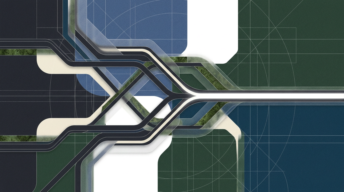 Abstract geometric pathways moving from conflicting directions into one aligned corporate strategy.