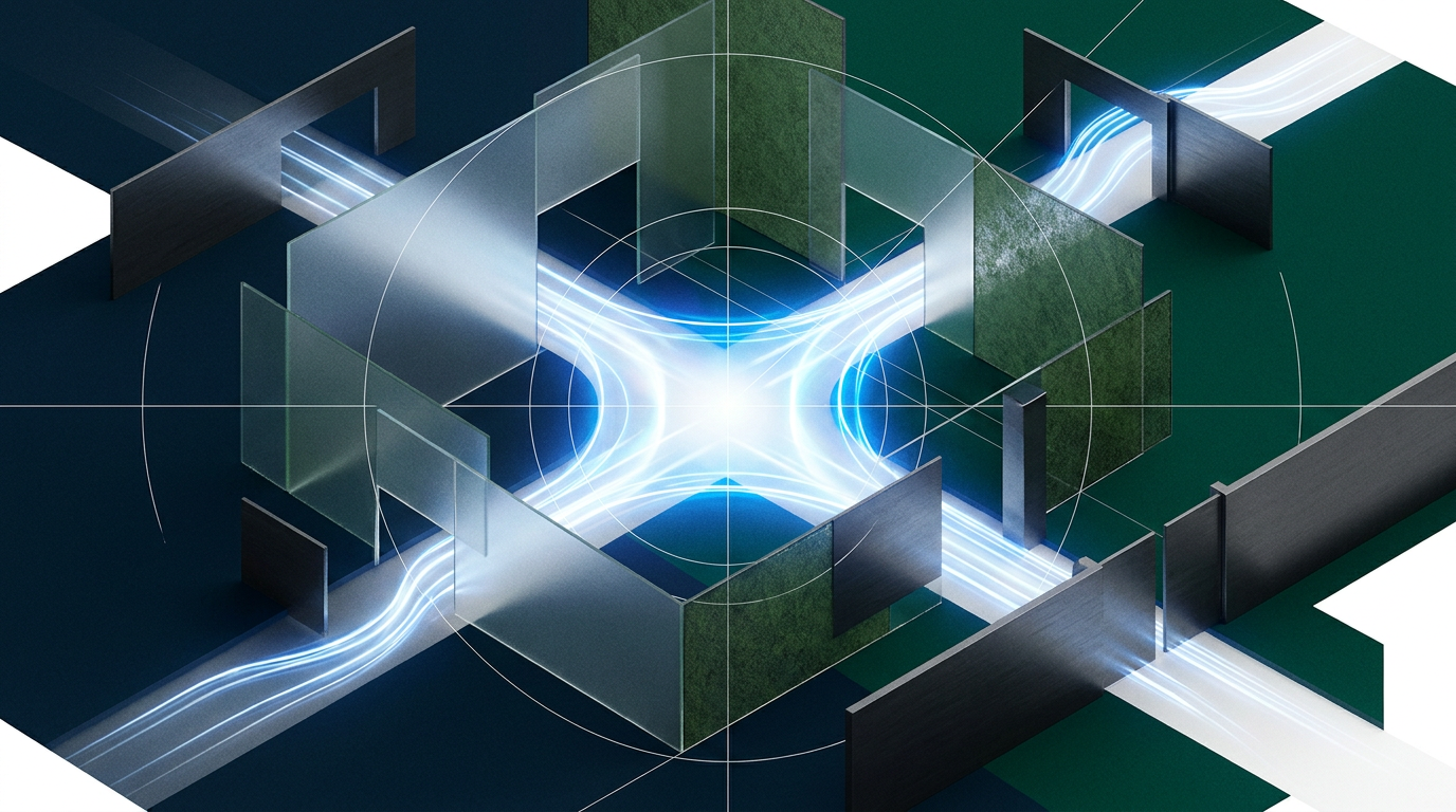 Abstract layered boundaries and gates surrounding a central decision point.