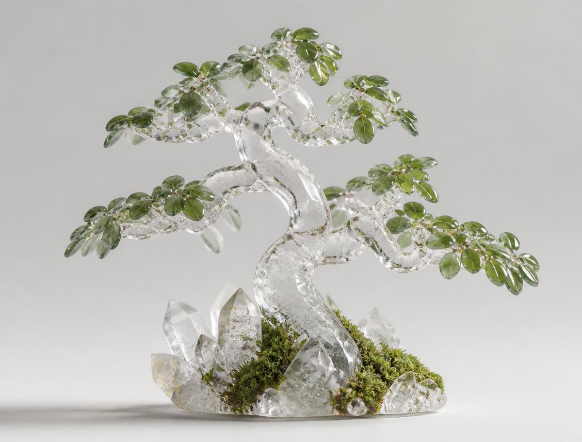 Sculpture of a crystal tree growing from moss